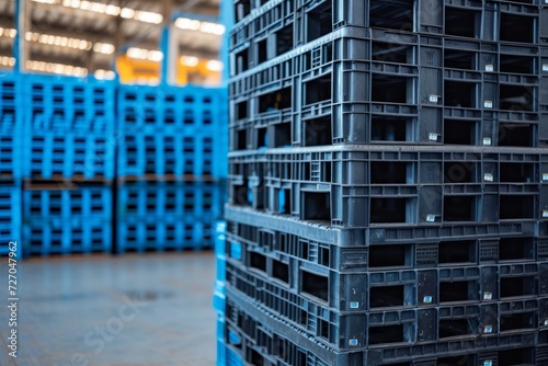 Pile of plastic shipping pallet. Industrial plastic pallet stacked at factory warehouse. Plastic pallet rack for export delivery industry. Plastic pallet storage warehouse. Generative AI.
