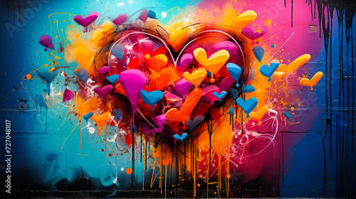 Vibrant heart-shaped graffiti artwork on urban wall with vivid splashes of pink, blue, and orange colors, embodying the spirit of street art and love