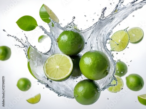 Photo fresh green lemon with water splash and leaves on white background.