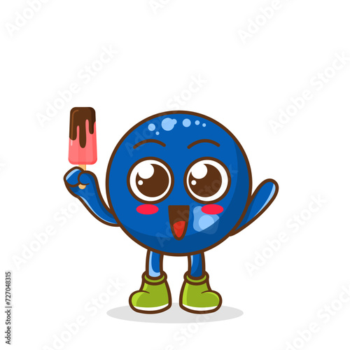 Cute smiling cartoon style blueberry fruit character holding in hand ice cream, popsicle.