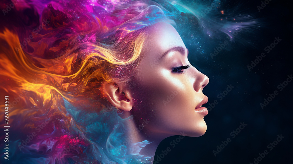 portrait of a woman with hairstyle A colorful abstract painting of a cloud of smoke, A colorful background with a girl face