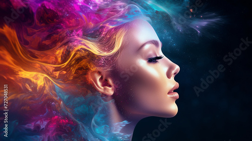 portrait of a woman with hairstyle A colorful abstract painting of a cloud of smoke  A colorful background with a girl face
