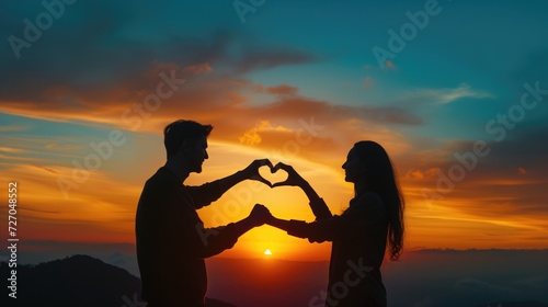 Young couple make the sign of hands hearts in the air before sunset. Silhouette at sunset. Sweethearts. Love Story  Young couple in love  generative ai