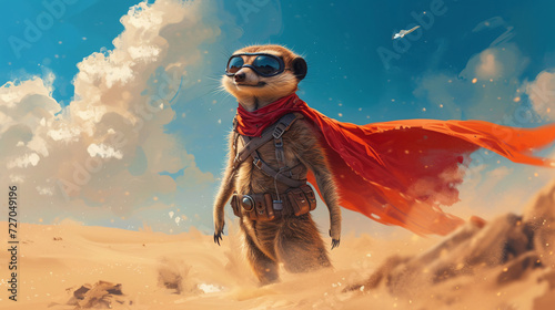 A Meerkat in a Superhero Outfit Against a Desert Backdrop.