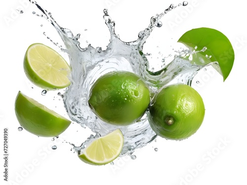 Photo fresh green lemon with water splash and leaves on white background.