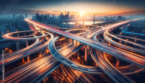 A breathtaking long-exposure shot of intricate highway interchanges with light trails at dusk, showcasing the bustling urban traffic against a city skyline. Urban traffic concept. AI generated. photo