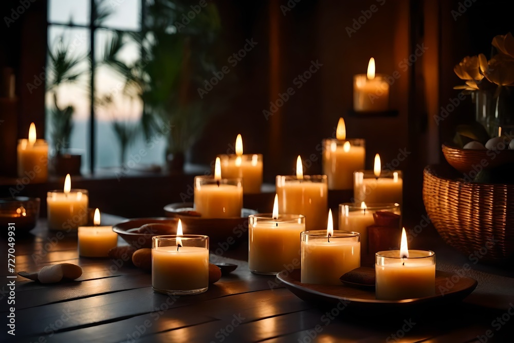 A serene Spa setting with an array of aromatic candles emitting a calming glow. A serene Spa setting with an array of aromatic candles emitting a calming glow.