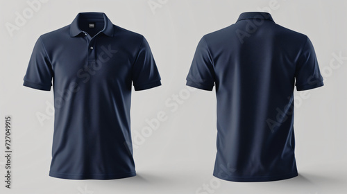 A sleek and versatile dark blue polo shirt mockup that is perfect for showcasing your own designs. The front and back of the shirt are left blank, giving you plenty of space to add your own photo