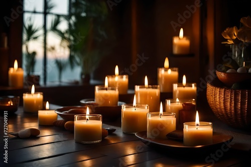  A serene Spa setting with an array of aromatic candles emitting a calming glow. 