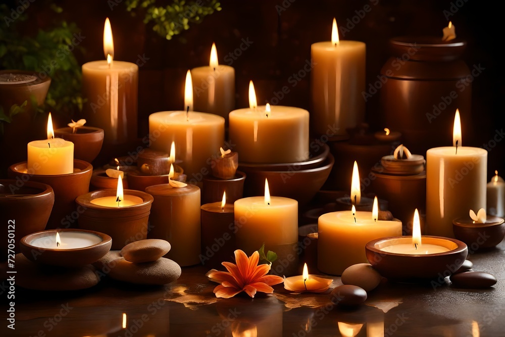 A serene Spa setting with an array of aromatic candles emitting a calming glow. A serene Spa setting with an array of aromatic candles emitting a calming glow.