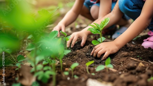 Close-up of children hands planting a tree in the soil, Planting young tree by kid hand on back soil as care and save wold concept, generative ai
