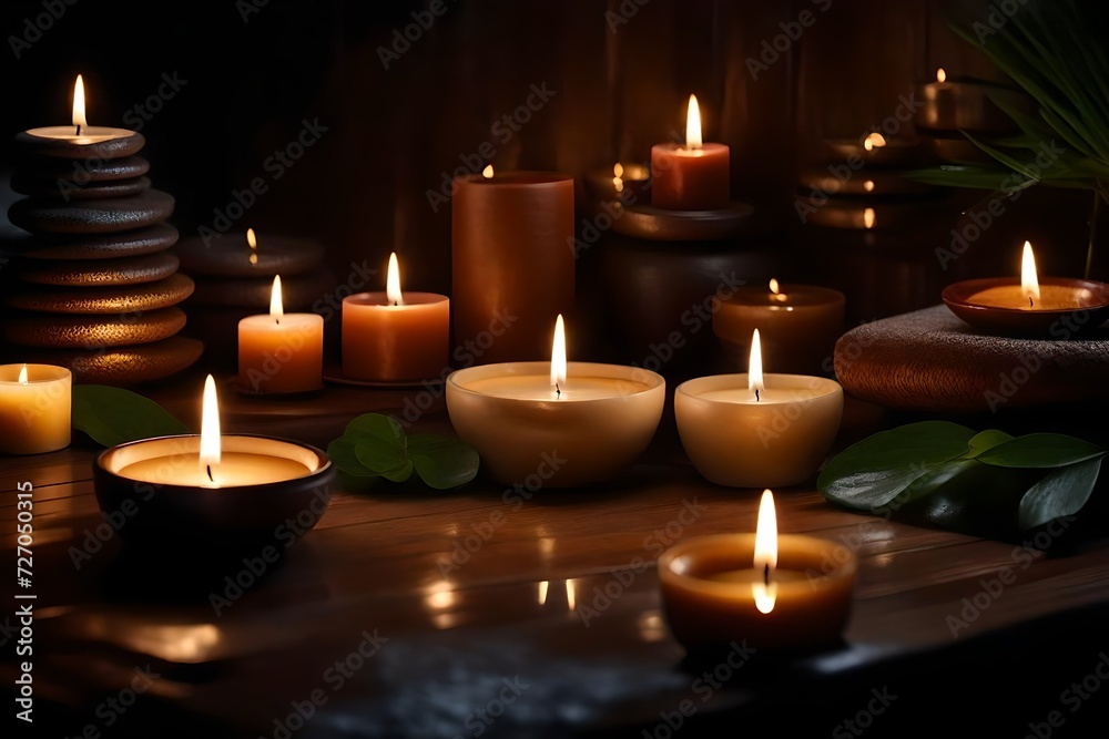 A serene Spa setting with an array of aromatic candles emitting a calming glow. A serene Spa setting with an array of aromatic candles emitting a calming glow.
