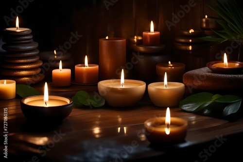  A serene Spa setting with an array of aromatic candles emitting a calming glow. 