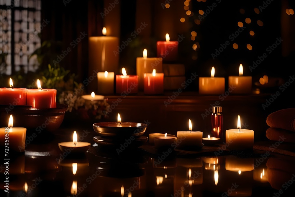 A serene Spa setting with an array of aromatic candles emitting a calming glow. A serene Spa setting with an array of aromatic candles emitting a calming glow.