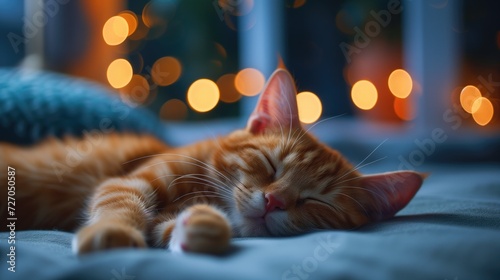 Sleeping cat on a bed near a night window, ginger cat lying on bed, generative ai photo