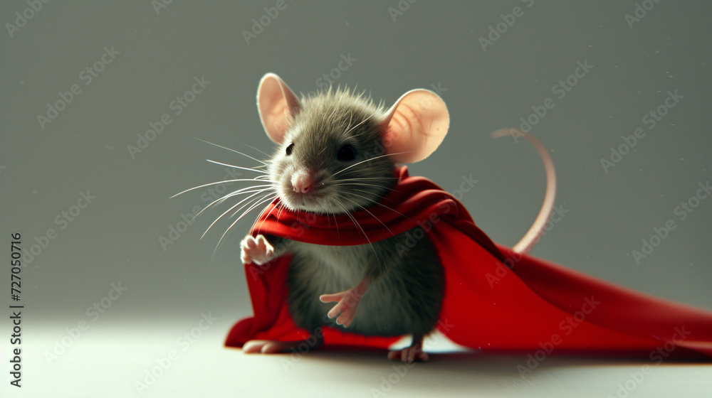 A Mouse in a Superhero Costume against a Solid Backdrop.