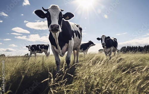realistic photo Black and white cows in the pasture on a sunny day. generative ai