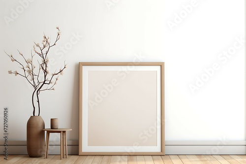three vertical frame mock-up created with AI generative technology depicting a clean wall and modern room, some plants and a chair mock-up created with AI generative technology 