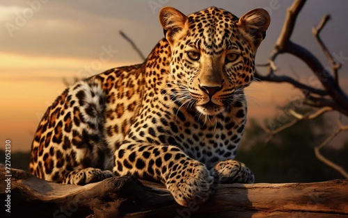 realistic photo of a leopard leaning on a log with a savanna background. generative ai