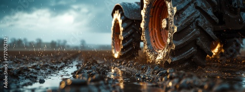 Close-Up of Tractor Tires on Muddy Farmland at Dusk
