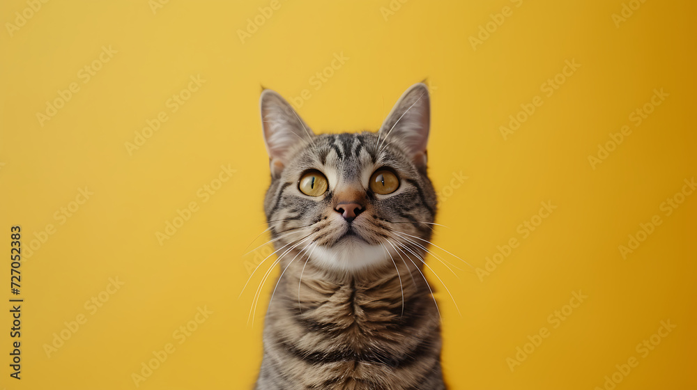 Cute kitty. A cute cat on yellow background. Birthday postcard. 