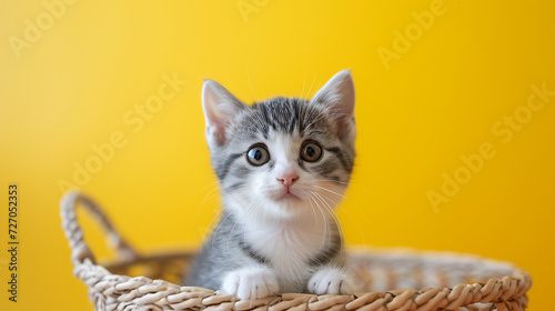 Cute kitty. A cute cat on yellow background. Birthday postcard.  © Creator