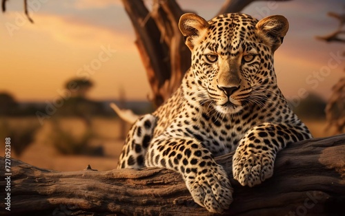 realistic photo of a leopard leaning on a log with a savanna background. generative ai