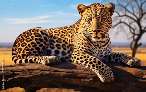 realistic photo of a leopard leaning on a log with a savanna background. generative ai © KBL Sungkid