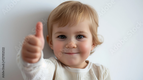 A toddler giving a thumbs up on white background. Isolated on white background. 
