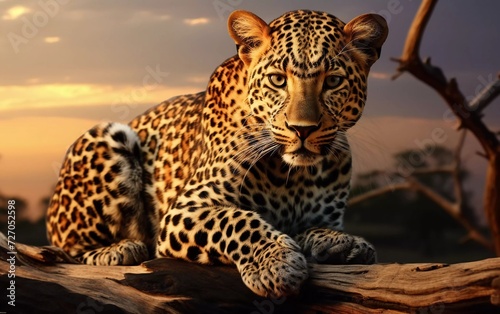 realistic photo of a leopard leaning on a log with a savanna background. generative ai