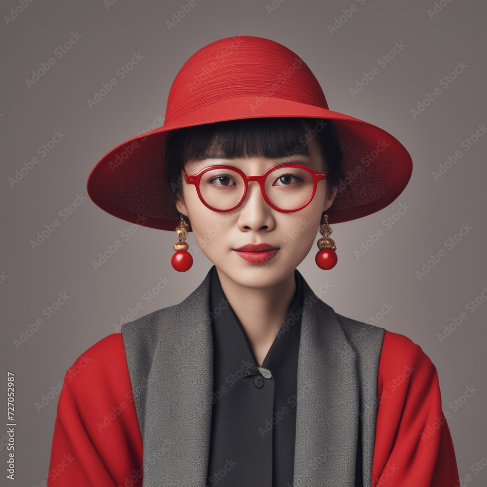 Chinka w czerwonym kapeluszu - obrazy, fototapety, plakaty 
