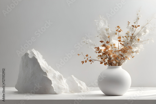 empty white granite stone table stage with white rocks, Minimal abstract background for product presentation. Dried flowers vase