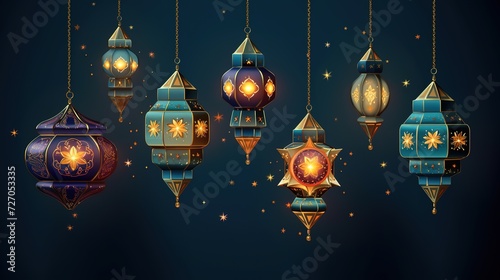 Traditional eastern lantern collection. Arabic muslim colorful hanging lamps, crescents and stars. Vector illustration, generative ai