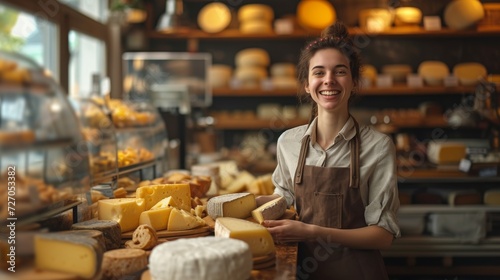 Cheerful Cheesemonger in Apron Posing with Artisan Cheese in Shop
 photo