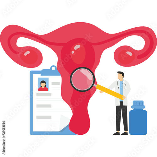 Gynecology, female health. Uterus, ovary and womb. Endometriosis, endometrium dysfunctionality, endometriosis concept. Doctor make uterus examination. For banner, web page. Birth control pills.

