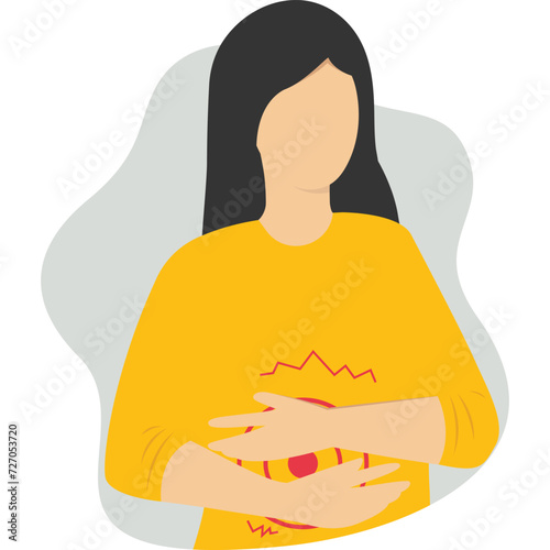Unwell Woman suffering from stomachache, abdominal pain. Girl having period, premenstrual syndrome, PMS, menstruation, stress, depression . Painful face expression. Flat vector illustration.


