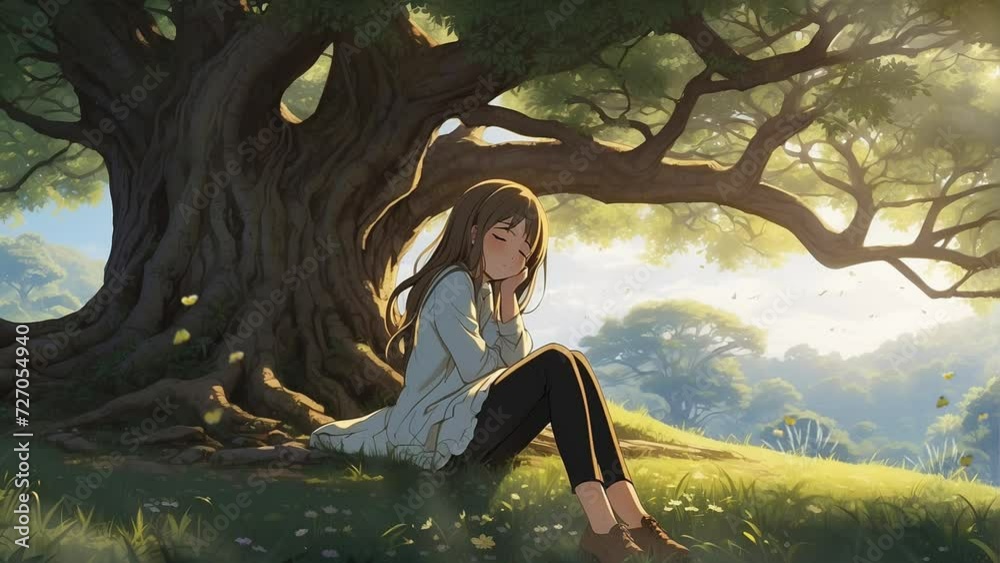 Cute anime girl sitting alone on the tree with butterfly. illustration lofi music chill and relaxed. Generative AI video looping animation