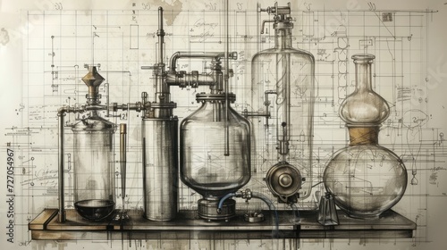 Conceptual sketches of industrial machinery depicted on paper.