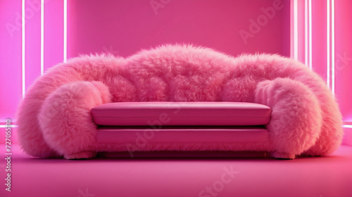 Pink inflatable fluffy sofa on a pink background.Glamour,beauty, fashion, love. Copy space.Generative AI