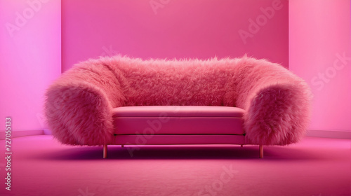 Pink inflatable fluffy sofa on a pink background.Glamour,beauty, fashion. Copy space.Generative AI