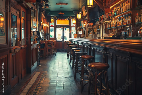 Empty Irish pub. Temple Bar is a famous landmark in Dublins cultural quarter visited by thousands of tourists every year. Inside of the Temple Bar in the center of the Irish capital photo