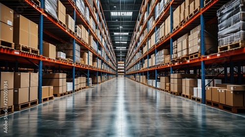 Retail Warehouse full of Shelves with Goods in Cardboard Boxes, Logistics, Sorting and Distribution Facility for Product Delivery, It is a warehouse of a large-scale shopping center, generative ai © OP38Studio