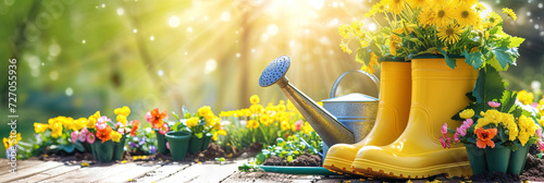 Gardening tools, spring flowers, gardening glows, watering can on green grass in the garden. Banner for sping works in the garden. photo