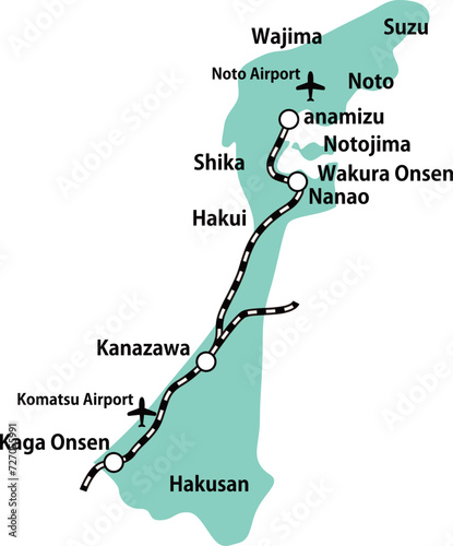 石川県の線路空港英語地名入り地図イラスト_緑色