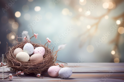 Front view of wooden table speckled easter eggs in a nest and blue, blurred bokeh background. Spring backdrop to use for invitation, social media banner or cards.