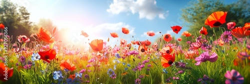 Vivid Floral Field Against a Sunny Background. Made with Generative AI Technology