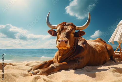 bull lying and drinking a cocktail in summer sunny sea beach