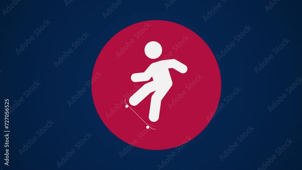 Pictograma de los Juegos Olímpicos de lado derecho con el deporte skateboarding en fondo azul. Pictograma de los Juegos Olímpicos de lado derecho con el deporte skateboarding en fondo azul.