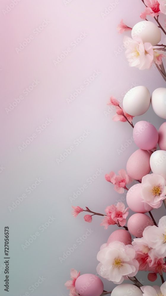 Happy Easter celebration. Flatlay banner with eggs and flowers in pink hues. Neutral marbled background with copy space and place for text. Holiday concept. Greeting, invitation card.
