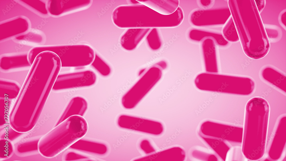 Glass transparent capsules moving down on a pink background. Tablet pills capsules float slowly in slow motion. 3d rendering Glass transparent capsules moving down on a pink background. Tablet pills capsules float slowly in slow motion. 3d rendering